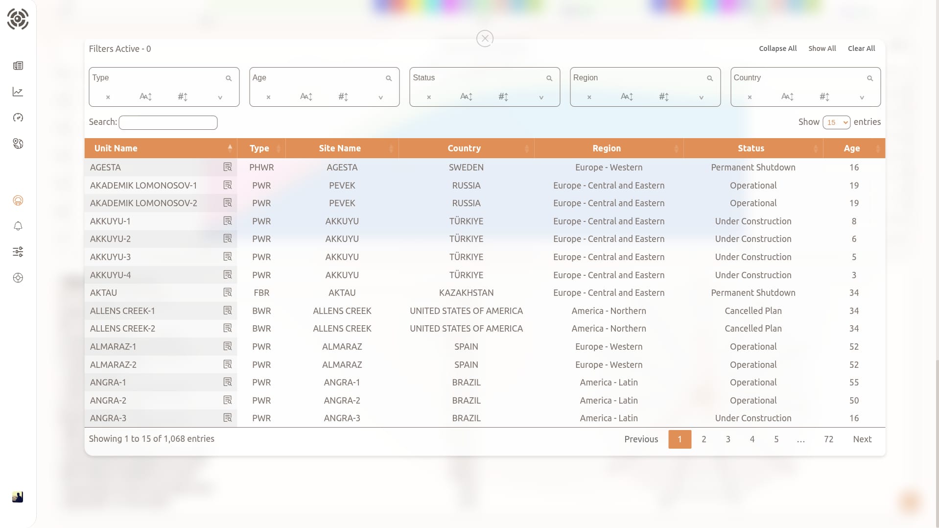 NRMS reactor database table with filtering and sorting