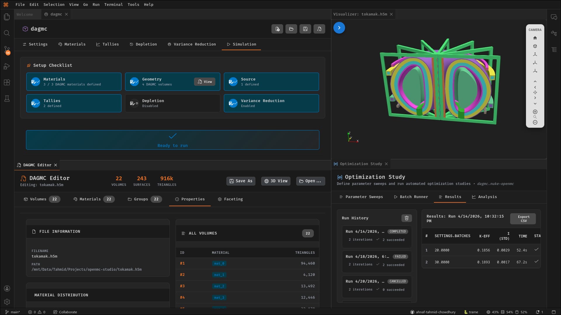 NukeIDE Overview showing OpenMC Studio with tokamak visualization