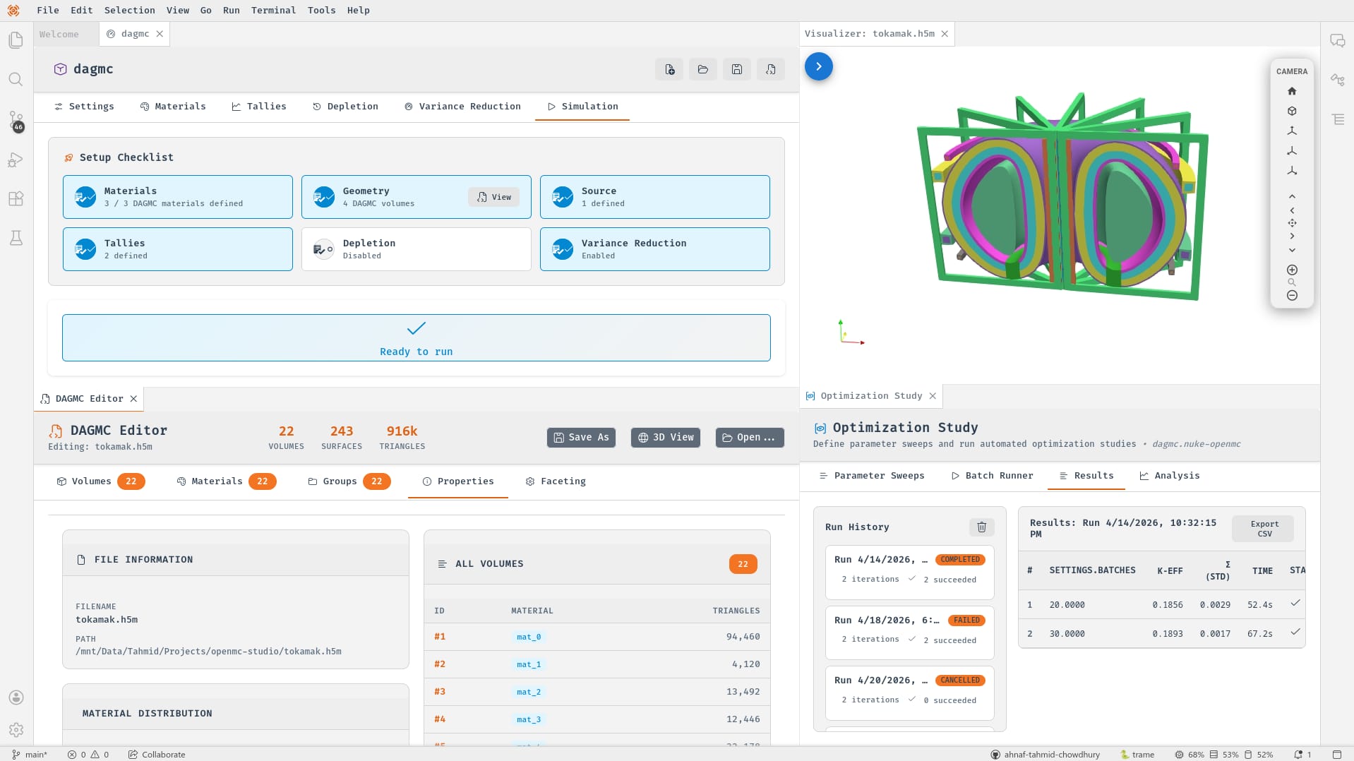 NukeIDE Overview showing OpenMC Studio with tokamak visualization