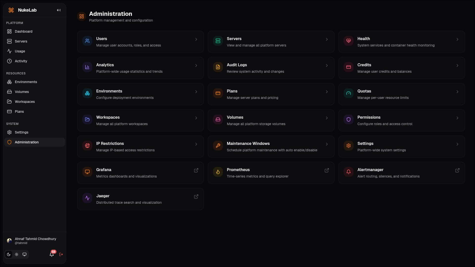 NukeLab admin dashboard showing environment templates and server management