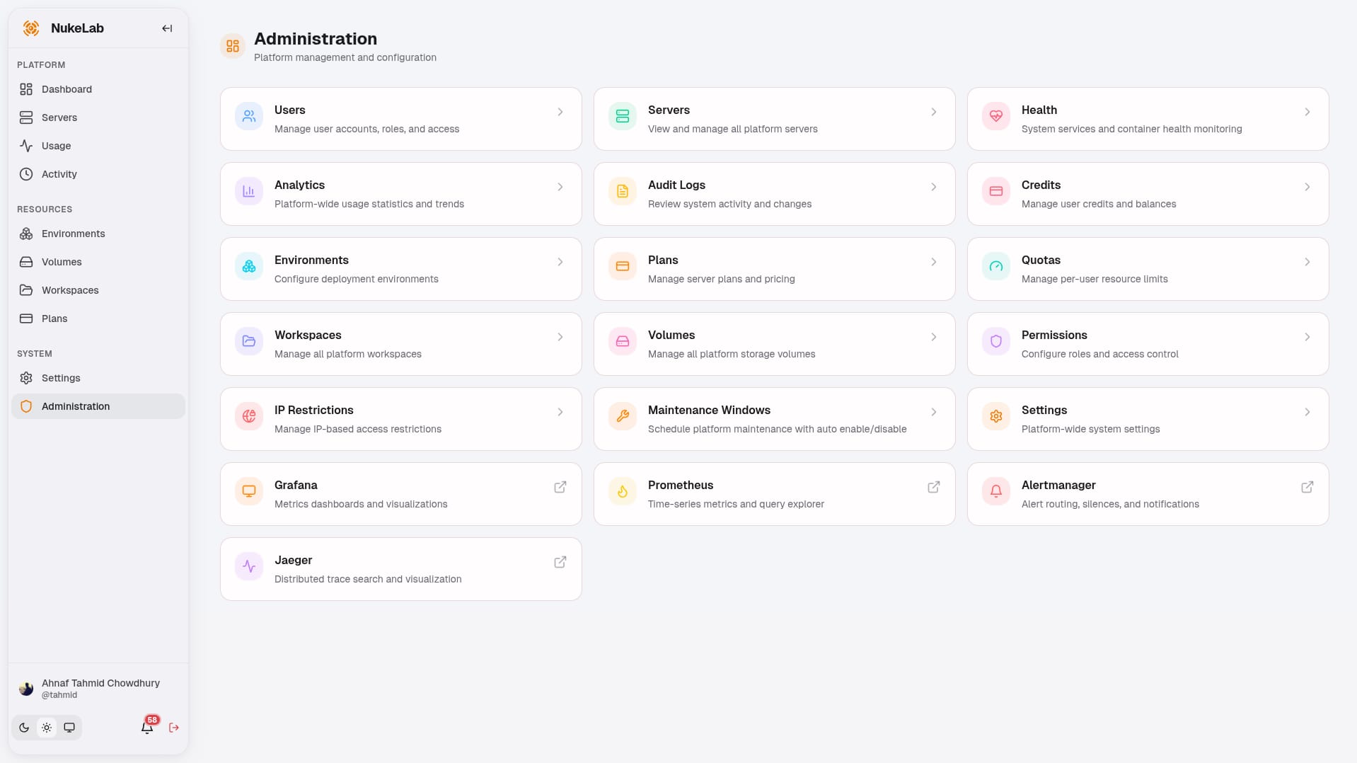NukeLab admin dashboard showing environment templates and server management